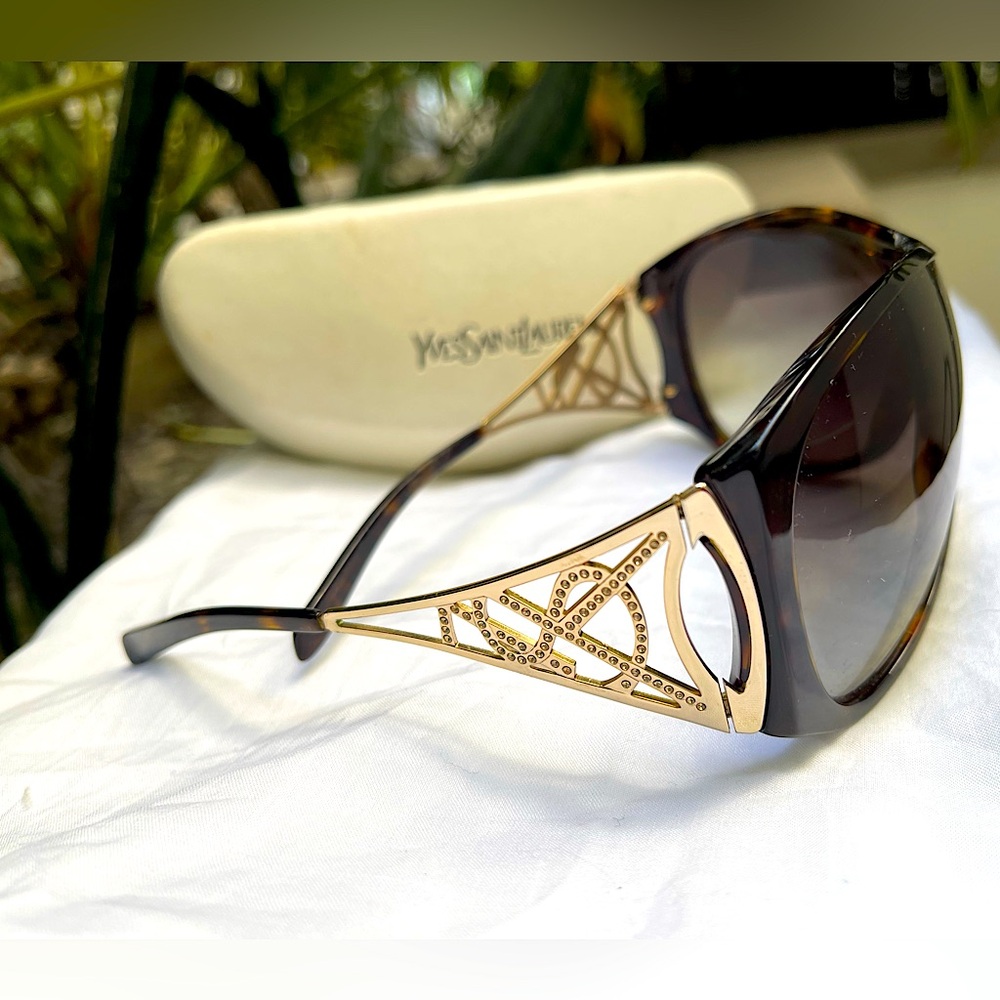 *RARE* Vintage Yves Saint Laurent YSL Tortoise Gold Bling Wrap Sunglasses ‘00